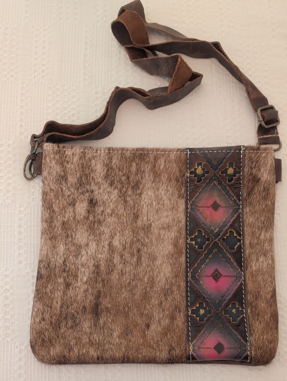 TTT Leathergoods original, Brown Cowhide Crossbody Bag with Embroidered Accent